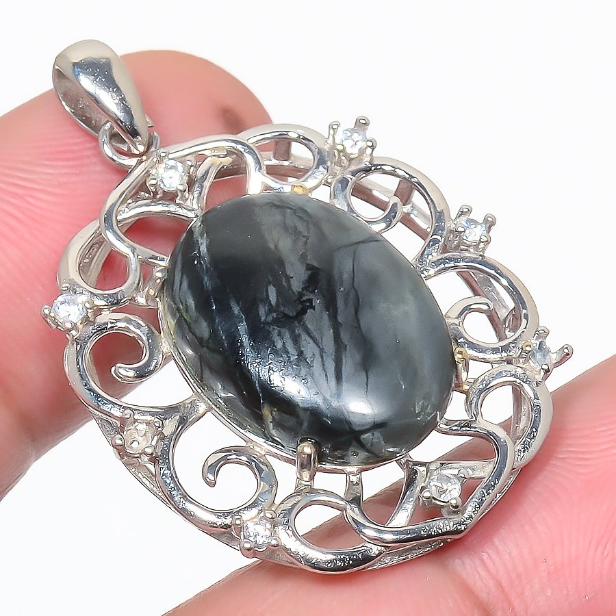 Picasso Jasper & Cz 925 Sterling Silver Pendant, Handmade Pendant, Oval Pendant, Black Pendant, Unique Silver Pendant, Fine Pendant, Silver Jewelry Pendant