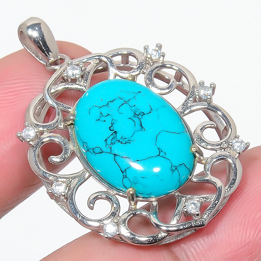Santa Rosa Turquoise & Cz 925 Sterling Silver Pendant, Handmade Pendant, Oval Pendant, Blue Pendant, Unique Silver Pendant, Fine Pendant, Silver Jewelry Pendant