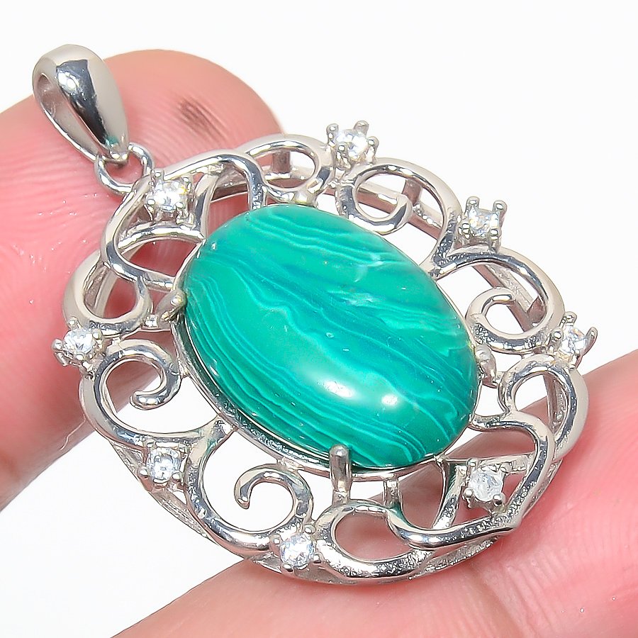 Malachite & Cz 925 Sterling Silver Pendant, Handmade Pendant, Oval Pendant, Green Pendant, Unique Silver Pendant, Fine Pendant, Silver Jewelry Pendant