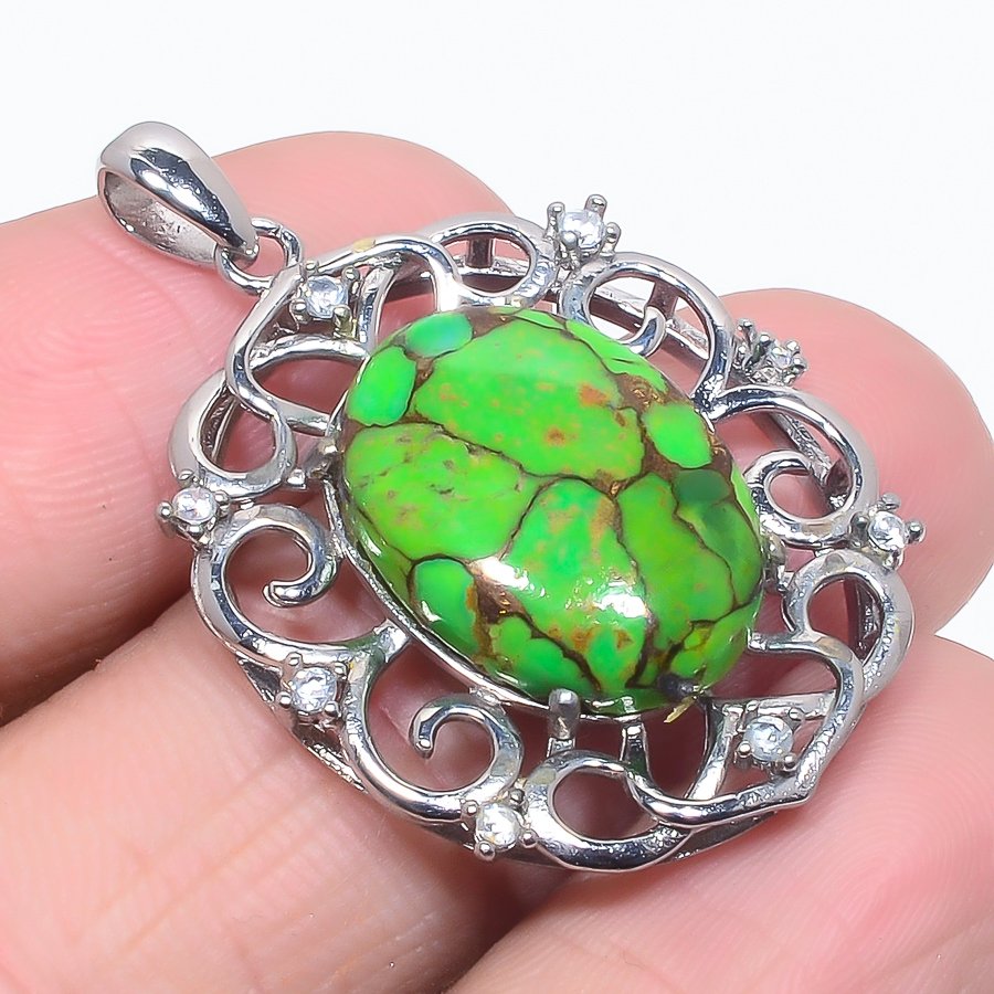 Copper Green Turquoise & White Topaz 925 Sterling Silver Pendant, Handmade Pendant, Oval Pendant, Green Pendant, Unique Silver Pendant, Fine Pendant, Silver Jewelry Pendant