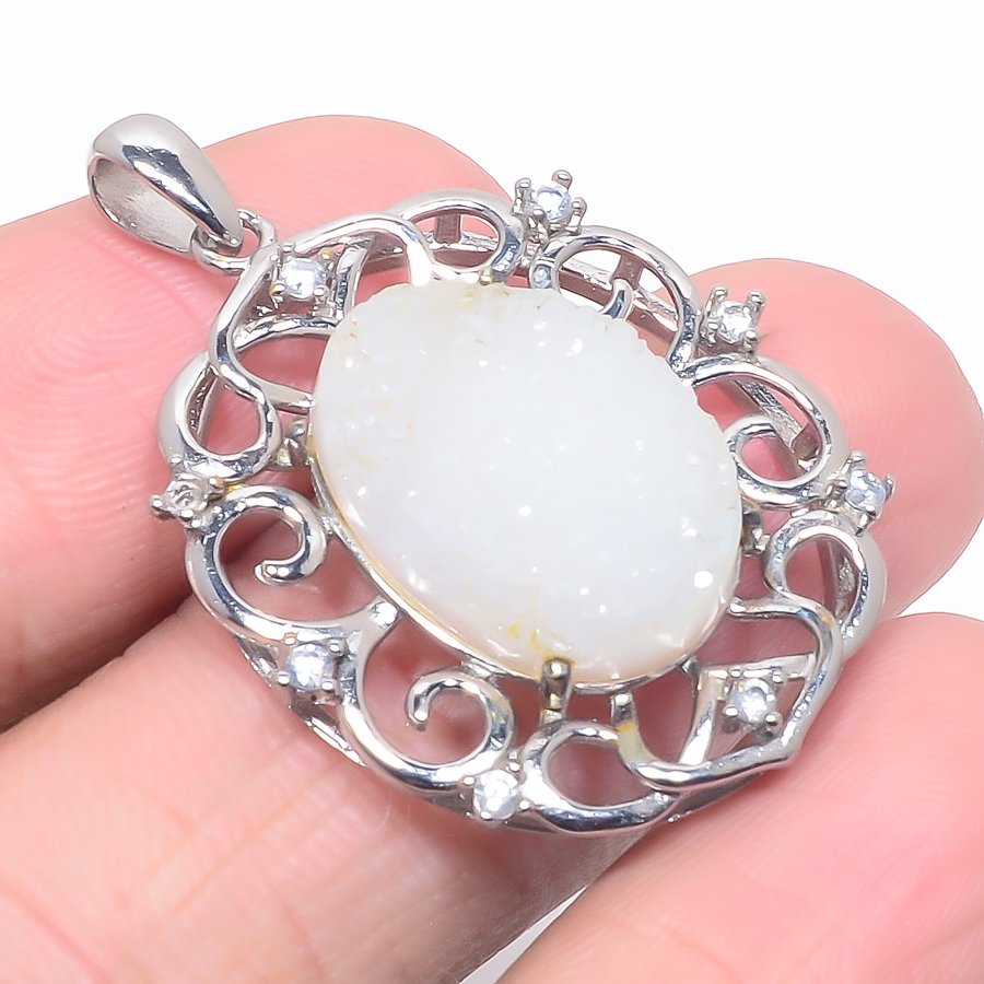 White Quartz Drusy & White Topaz 925 Sterling Silver Pendant, Handmade Pendant, Oval Pendant, White Pendant, Unique Silver Pendant, Fine Pendant, Silver Jewelry Pendant