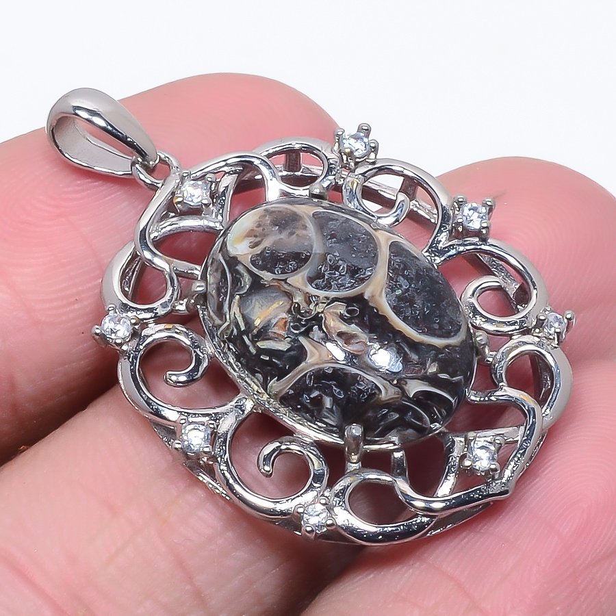 Turritella Fossil Agate, Topaz 925 Sterling Silver Pendant, Handmade Pendant, Oval Pendant, Brown Pendant, Unique Silver Pendant, Fine Pendant, Silver Jewelry Pendant