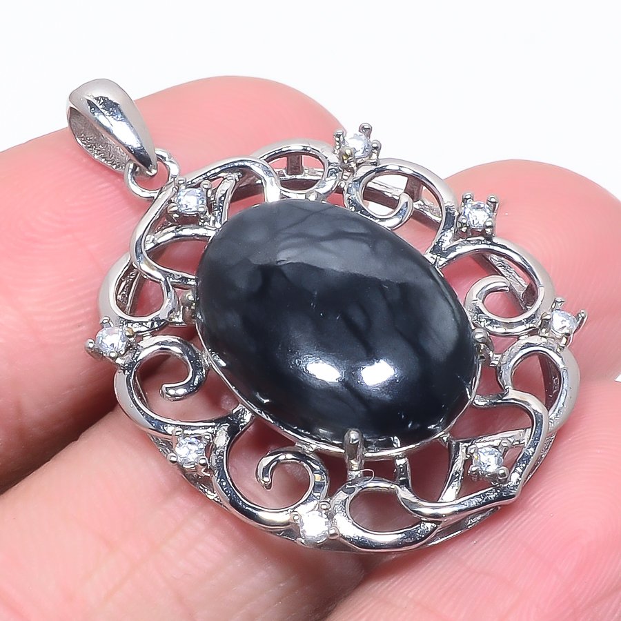 Picasso Jasper 925 Sterling Silver Pendant, Handmade Pendant, Oval Pendant, Black Pendant, Unique Silver Pendant, Fine Pendant, Silver Jewelry Pendant