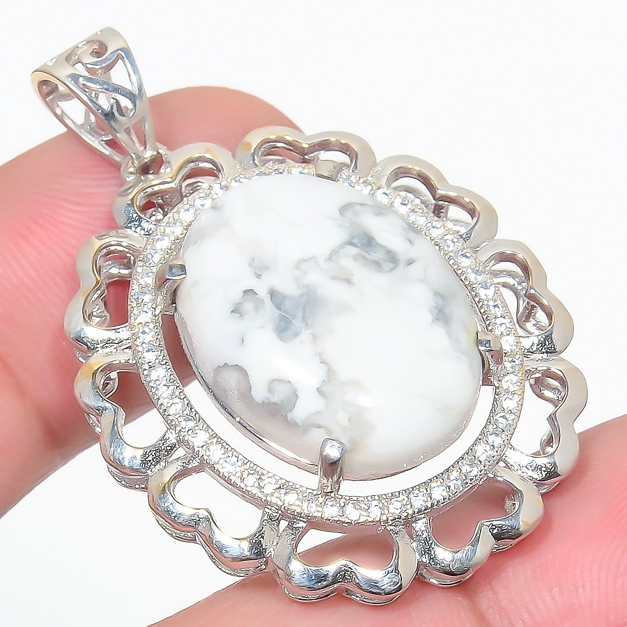 Howlite & Cz 925 Sterling Silver Pendant, Handmade Pendant, Oval Pendant, White Pendant, Unique Silver Pendant, Fine Pendant, Silver Jewelry Pendant
