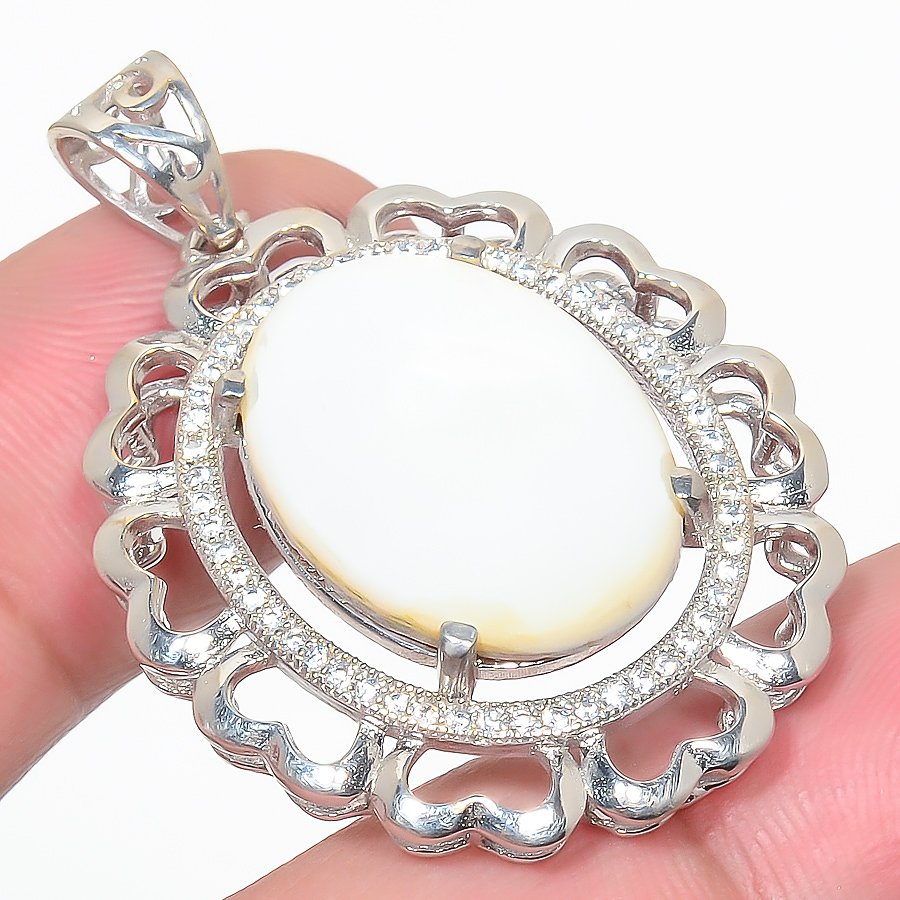 Mother Of Pearl & Cz 925 Sterling Silver Pendant, Handmade Pendant, Oval Pendant, White Pendant, Unique Silver Pendant, Fine Pendant, Silver Jewelry Pendant