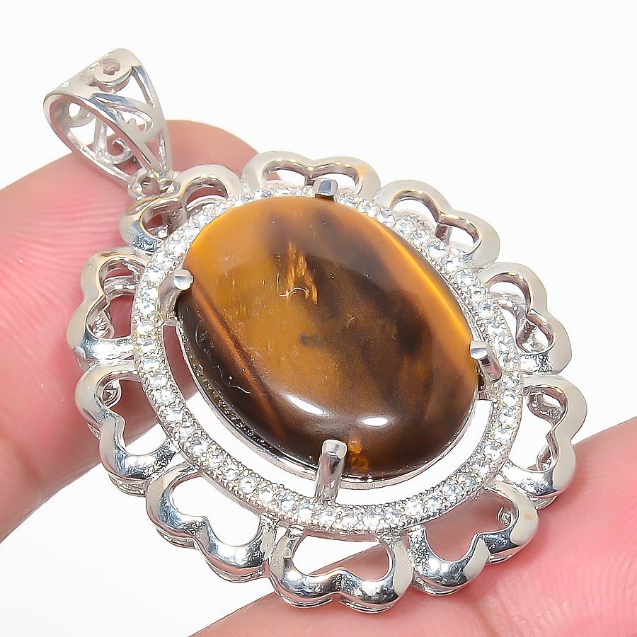 Thai Tiger Eye & Cz 925 Sterling Silver Pendant, Handmade Pendant, Oval Pendant, Yellow Pendant, Unique Silver Pendant, Fine Pendant, Silver Jewelry Pendant