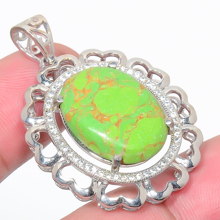 Copper Green Turquoise & Cz 925 Sterling Silver Pendant, Handmade Pendant, Oval Pendant, Green Pendant, Unique Silver Pendant, Fine Pendant, Silver Jewelry Pendant