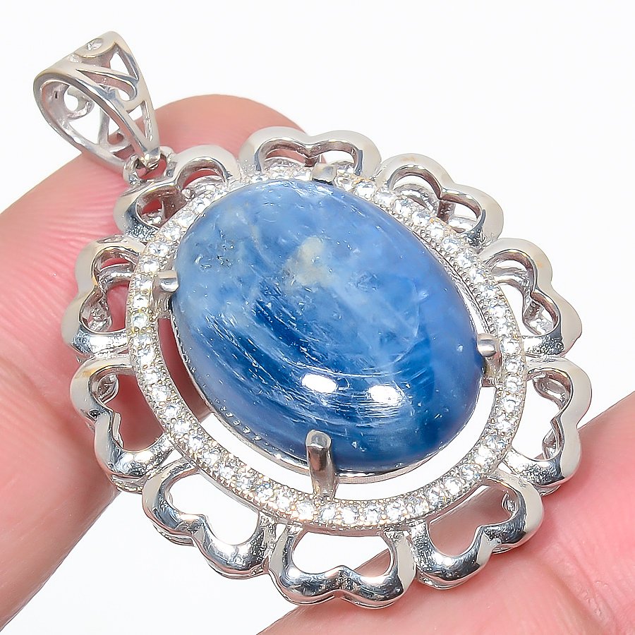 Kyanite & Cz 925 Sterling Silver Pendant, Handmade Pendant, Oval Pendant, Blue Pendant, Unique Silver Pendant, Fine Pendant, Silver Jewelry Pendant