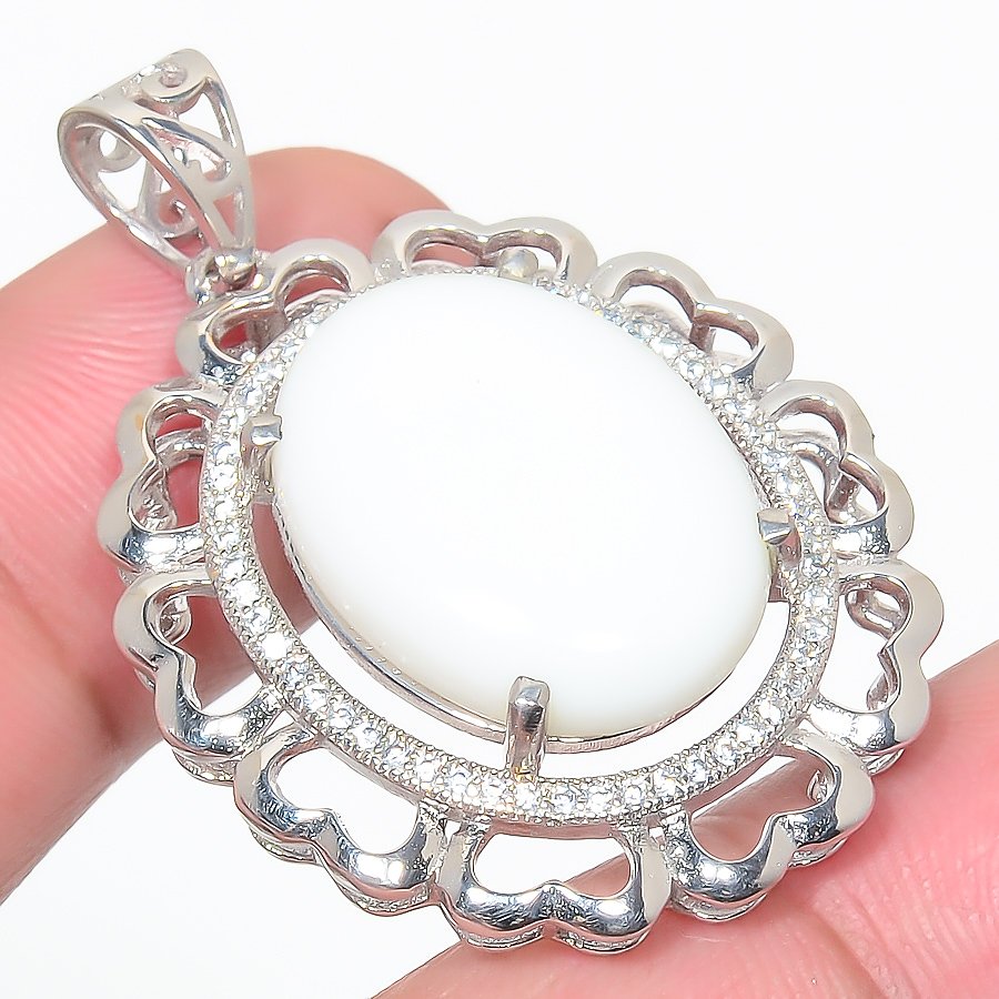 White Coral & Cz 925 Sterling Silver Pendant, Handmade Pendant, Oval Pendant, White Pendant, Unique Silver Pendant, Fine Pendant, Silver Jewelry Pendant