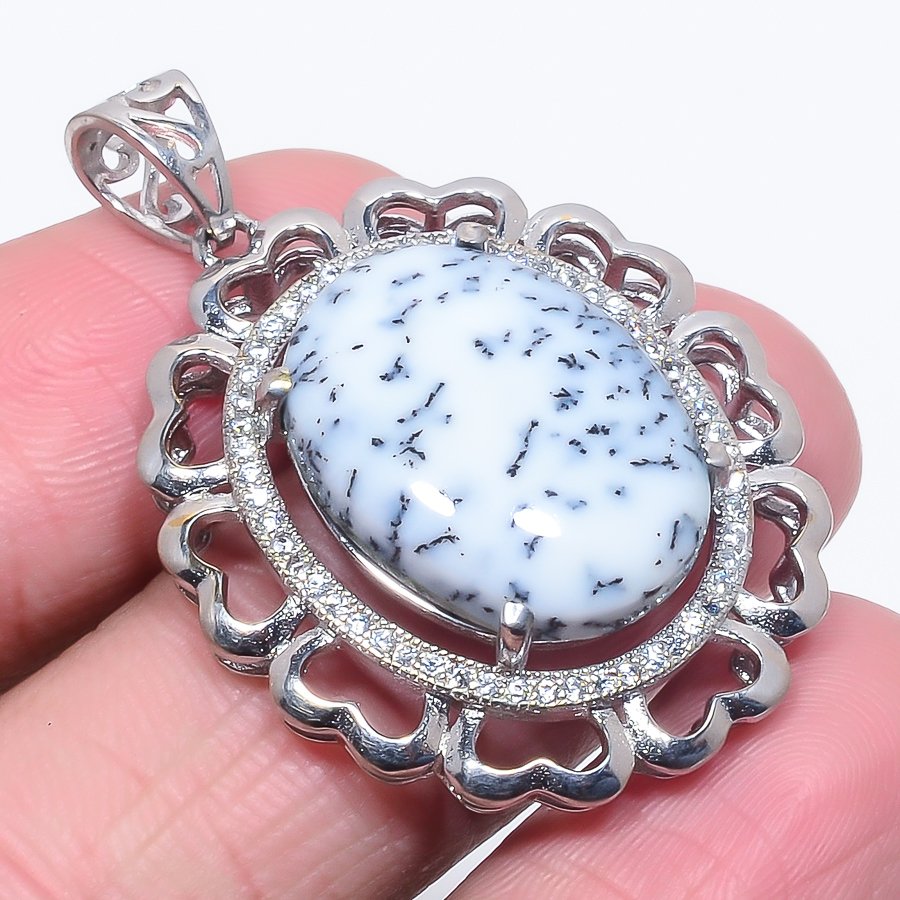 Dendritic Opal 925 Sterling Silver Pendant, Handmade Pendant, Oval Pendant, White Pendant, Unique Silver Pendant, Fine Pendant, Silver Jewelry Pendant