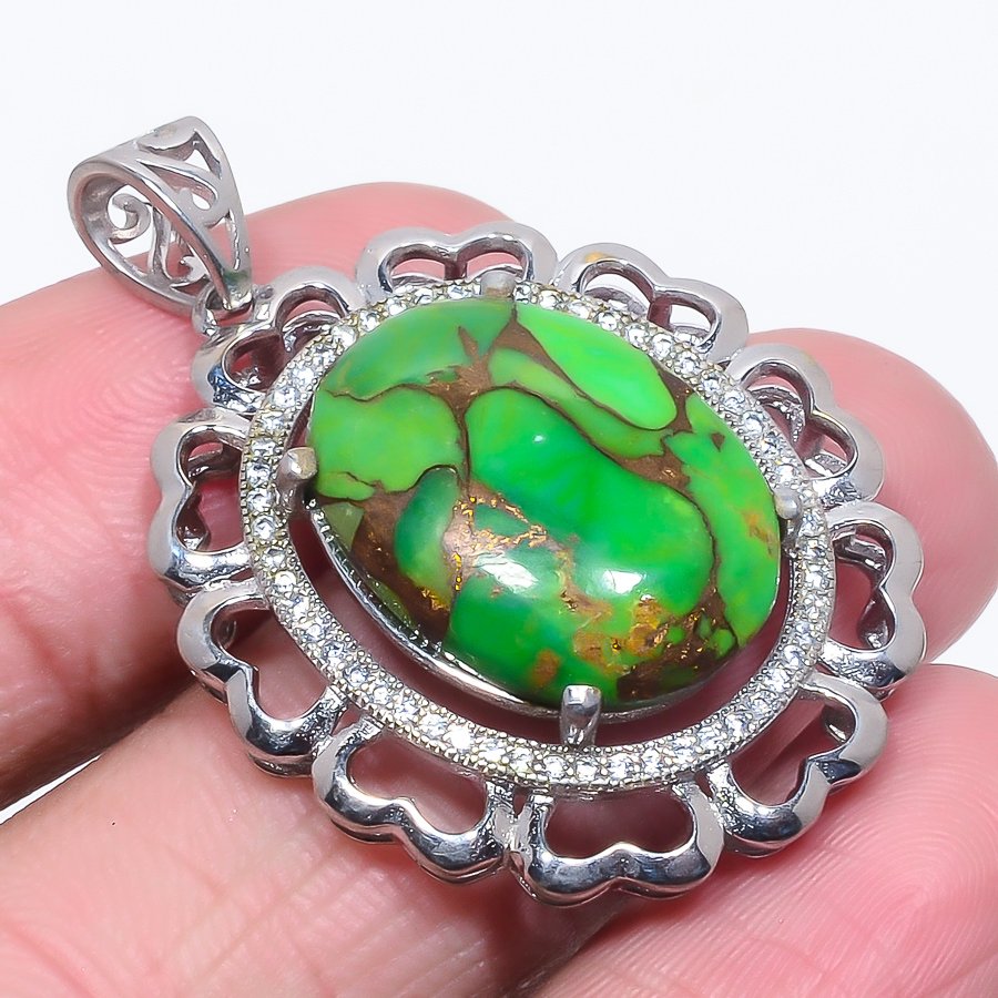 Copper Green Turquoise & White Topaz 925 Sterling Silver Pendant, Handmade Pendant, Oval Pendant, Green Pendant, Unique Silver Pendant, Fine Pendant, Silver Jewelry Pendant