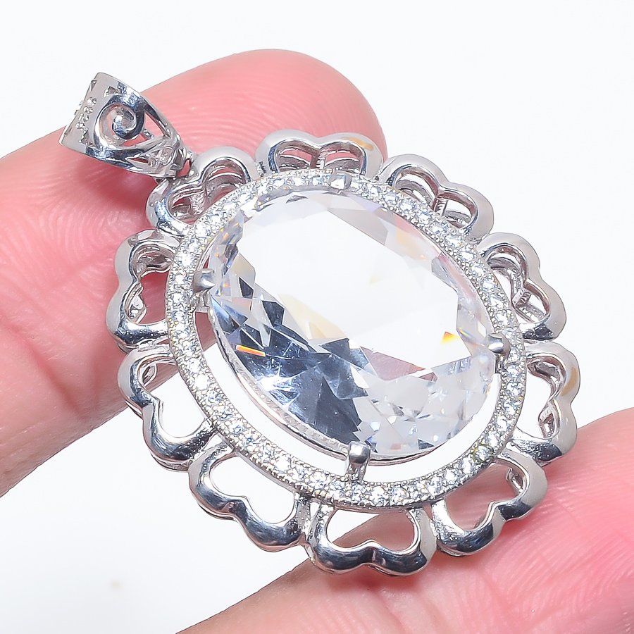 White Topaz & Cz 925 Sterling Silver Pendant, Handmade Pendant, Oval Pendant, White Pendant, Unique Silver Pendant, Fine Pendant, Silver Jewelry Pendant