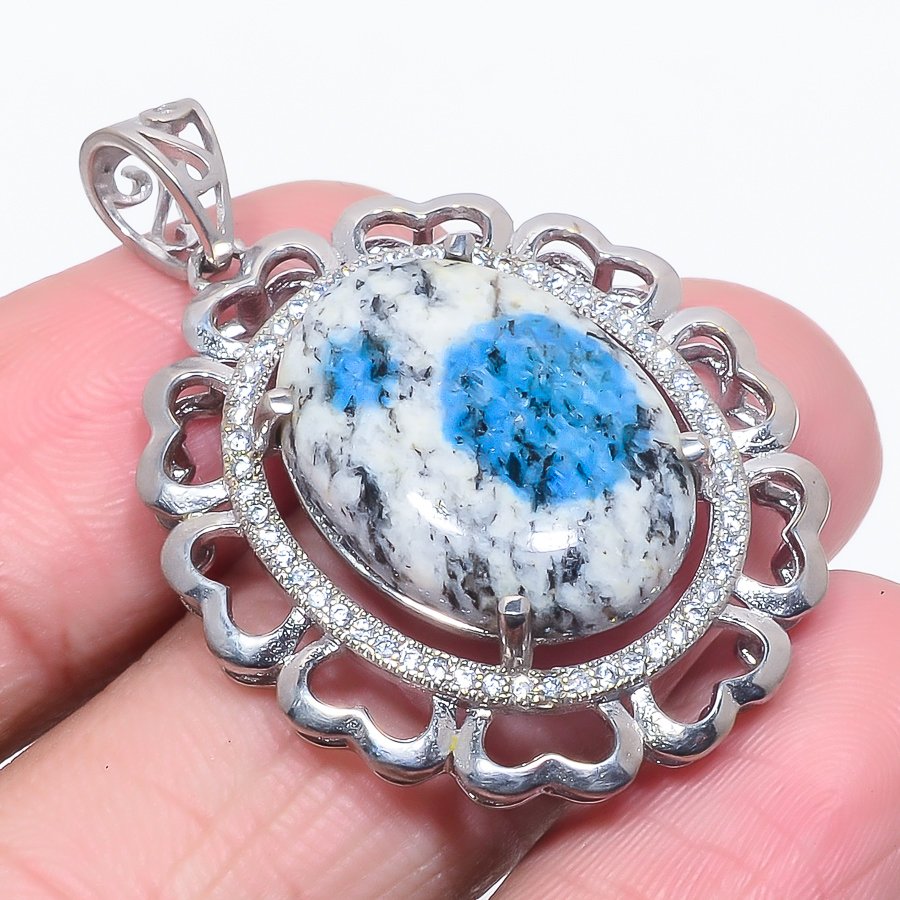 K2 Blue Azurite & White Topaz 925 Sterling Silver Pendant, Handmade Pendant, Oval Pendant, Blue Pendant, Unique Silver Pendant, Fine Pendant, Silver Jewelry Pendant