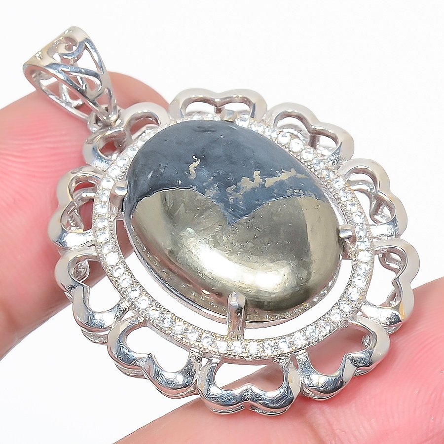 Magnesite Pyrite & Cz 925 Sterling Silver Pendant, Handmade Pendant, Oval Pendant, Gold & Black Pendant, Unique Silver Pendant, Fine Pendant, Silver Jewelry Pendant