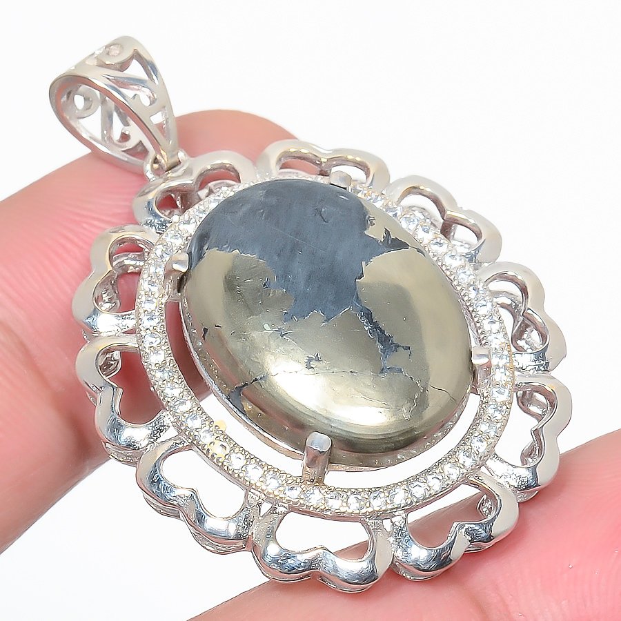 Magnesite Pyrite & Cz 925 Sterling Silver Pendant, Handmade Pendant, Oval Pendant, Gold & Black Pendant, Unique Silver Pendant, Fine Pendant, Silver Jewelry Pendant