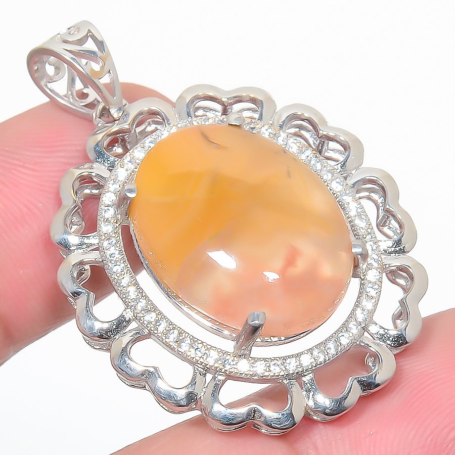 Plume Agate & Cz 925 Sterling Silver Pendant, Handmade Pendant, Oval Pendant, Yellow Pendant, Unique Silver Pendant, Fine Pendant, Silver Jewelry Pendant