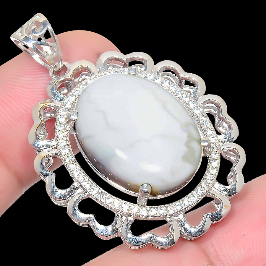 Howlite & Cz 925 Sterling Silver Pendant, Handmade Pendant, Oval Pendant, White Pendant, Unique Silver Pendant, Fine Pendant, Silver Jewelry Pendant