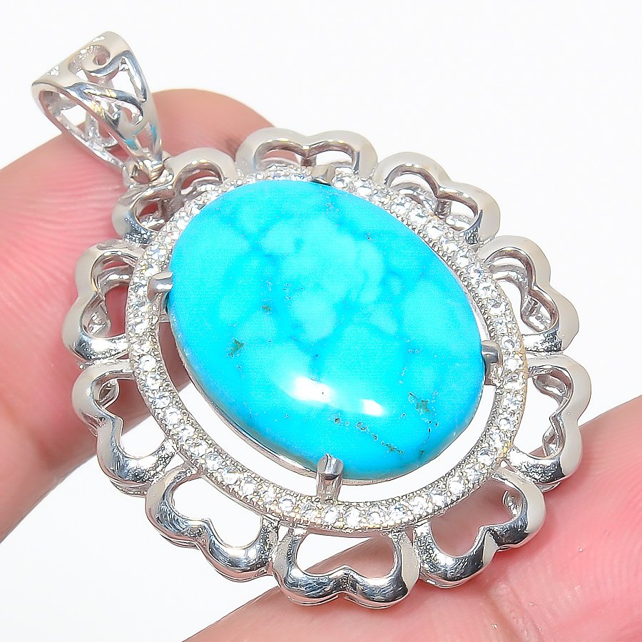 Magnesite Turquoise & Cz 925 Sterling Silver Pendant, Handmade Pendant, Oval Pendant, Blue Pendant, Unique Silver Pendant, Fine Pendant, Silver Jewelry Pendant