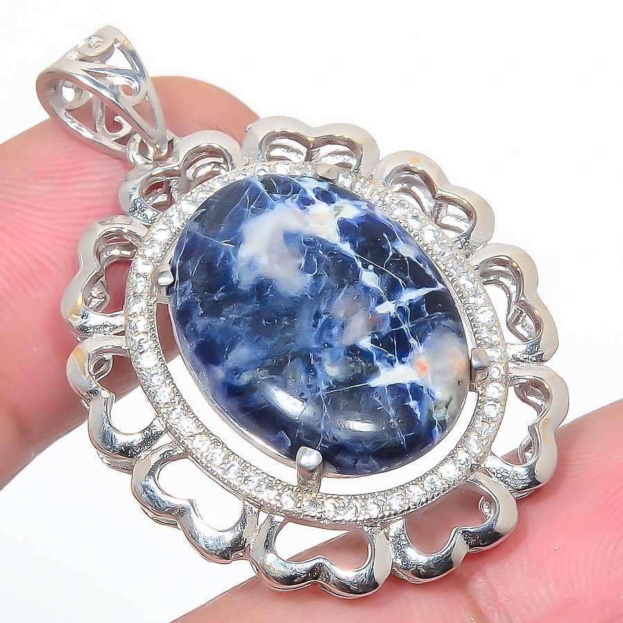 Sodalite & Cz 925 Sterling Silver Pendant, Handmade Pendant, Oval Pendant, Blue Pendant, Unique Silver Pendant, Fine Pendant, Silver Jewelry Pendant