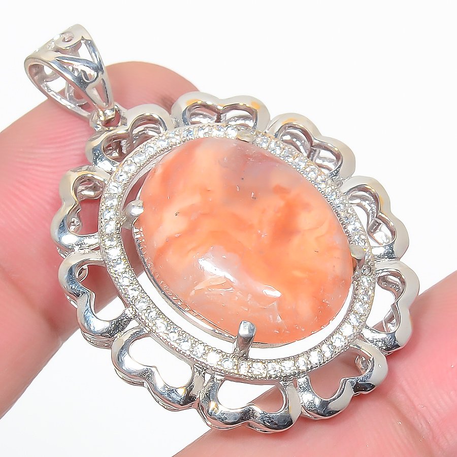 Plume Agate, Cz 925 Sterling Silver Pendant, Handmade Pendant, Oval Pendant, Orange Pendant, Unique Silver Pendant, Fine Pendant, Silver Jewelry Pendant