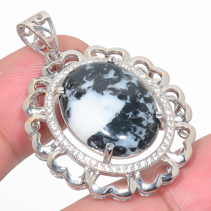 White Buffalo Turquoise & Cz 925 Sterling Silver Pendant, Handmade Pendant, Oval Pendant, White Pendant, Unique Silver Pendant, Fine Pendant, Silver Jewelry Pendant