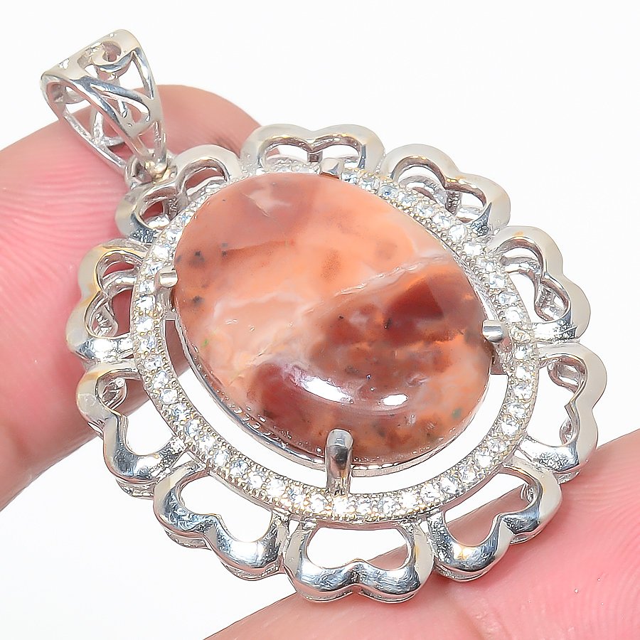 Plume Agate & Cz 925 Sterling Silver Pendant, Handmade Pendant, Oval Pendant, Orange Pendant, Unique Silver Pendant, Fine Pendant, Silver Jewelry Pendant