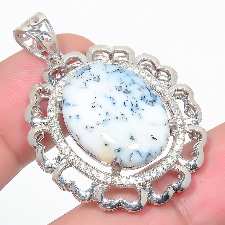 Dendritic Opal & Cz 925 Sterling Silver Pendant, Handmade Pendant, Oval Pendant, White Pendant, Unique Silver Pendant, Fine Pendant, Silver Jewelry Pendant
