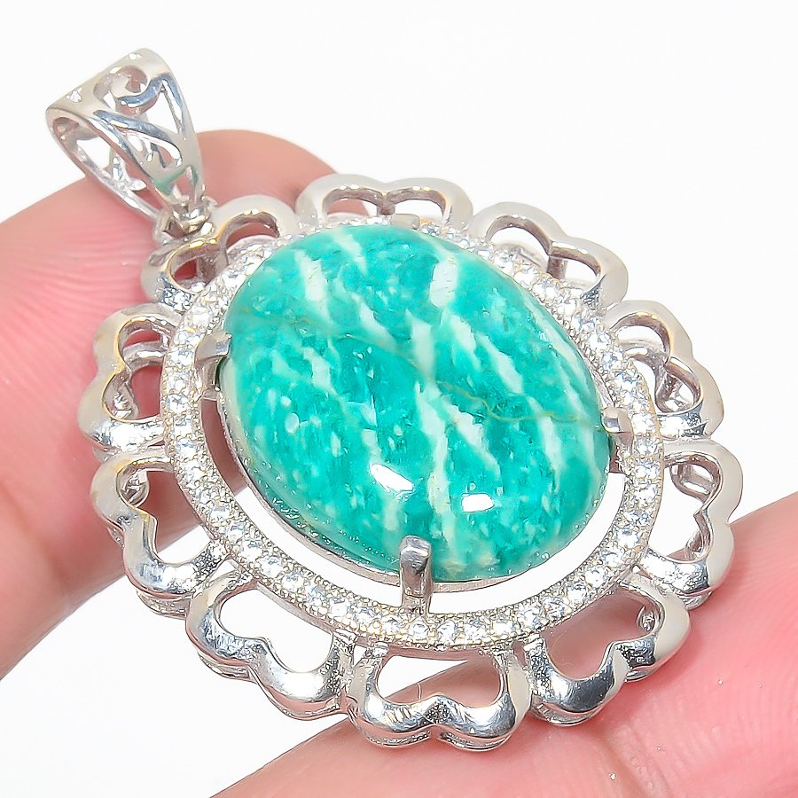 Amazonite & Cz 925 Sterling Silver Pendant, Handmade Pendant, Oval Pendant, Green Pendant, Unique Silver Pendant, Fine Pendant, Silver Jewelry Pendant