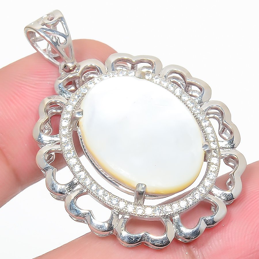 Mother Of Pearl, Cz 925 Sterling Silver Pendant, Handmade Pendant, Oval Pendant, White Pendant, Unique Silver Pendant, Fine Pendant, Silver Jewelry Pendant