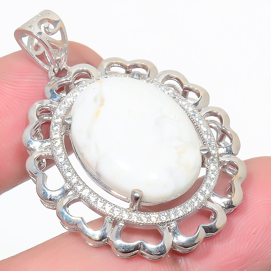 Howlite & Cz 925 Sterling Silver Pendant, Handmade Pendant, Oval Pendant, White Pendant, Unique Silver Pendant, Fine Pendant, Silver Jewelry Pendant