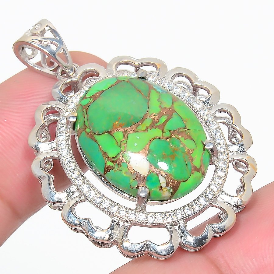 Copper Mohave Green Turquoise & Cz 925 Sterling Silver Pendant, Handmade Pendant, Oval Pendant, Green Pendant, Unique Silver Pendant, Fine Pendant, Silver Jewelry Pendant