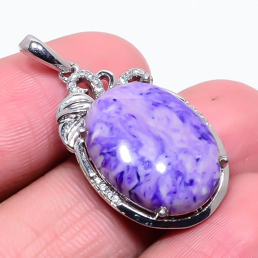 Charoite 925 Sterling Silver Pendant, Handmade Pendant, Oval Pendant, Purple Pendant, Unique Silver Pendant, Fine Pendant, Silver Jewelry Pendant