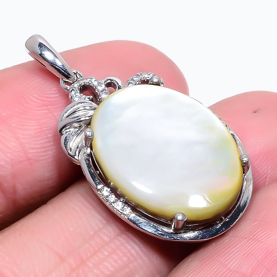 Mother Of Pearl & White Topaz 925 Sterling Silver Pendant, Handmade Pendant, Oval Pendant, White Pendant, Unique Silver Pendant, Fine Pendant, Silver Jewelry Pendant