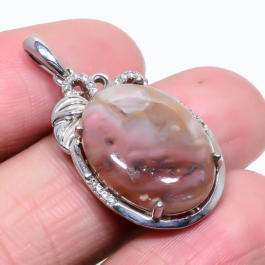 Laguna Lace Agate & White Topaz 925 Sterling Silver Pendant, Handmade Pendant, Oval Pendant, Red Pendant, Unique Silver Pendant, Fine Pendant, Silver Jewelry Pendant