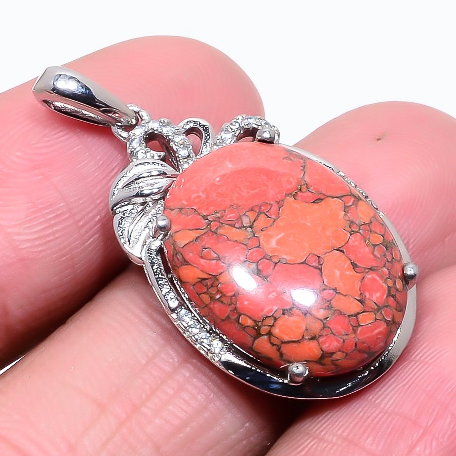 Copper Red Turquoise 925 Sterling Silver Pendant, Handmade Pendant, Oval Pendant, Red Pendant, Unique Silver Pendant, Fine Pendant, Silver Jewelry Pendant