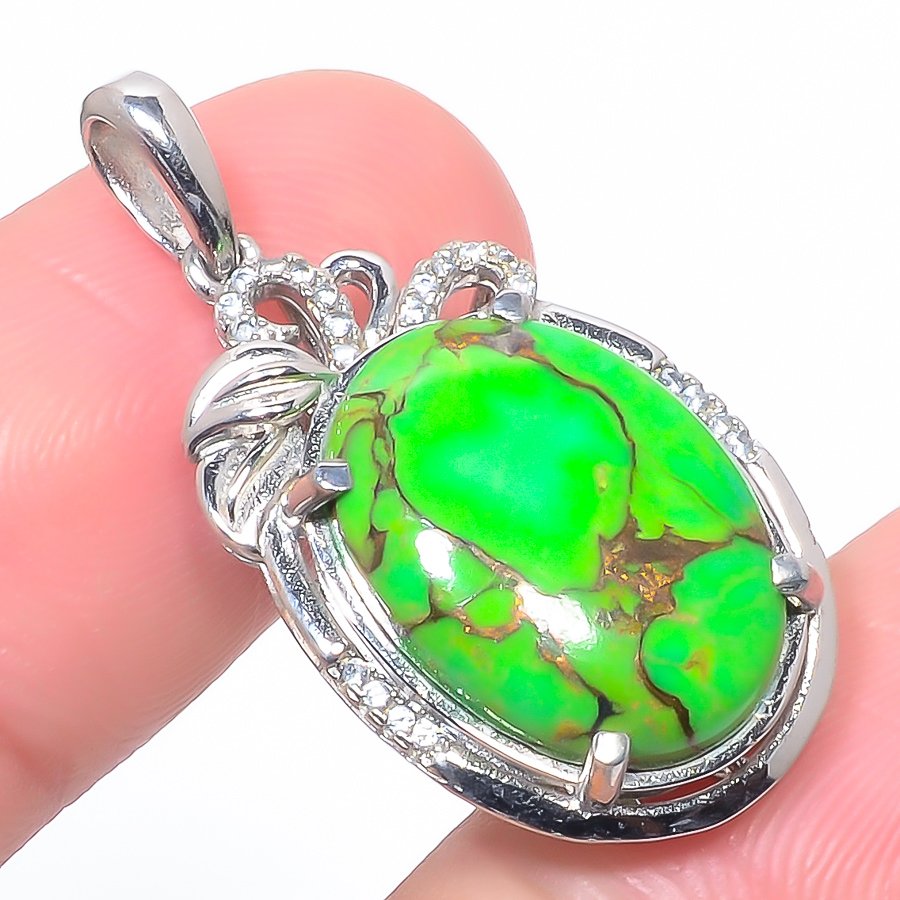 Copper Mohave Green Turquoise & Cz 925 Sterling Silver Pendant, Handmade Pendant, Oval Pendant, Green Pendant, Unique Silver Pendant, Fine Pendant, Silver Jewelry Pendant