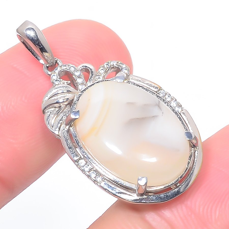 Botswana Lace Agate & Cz 925 Sterling Silver Pendant, Handmade Pendant, Oval Pendant, Yellow Pendant, Unique Silver Pendant, Fine Pendant, Silver Jewelry Pendant