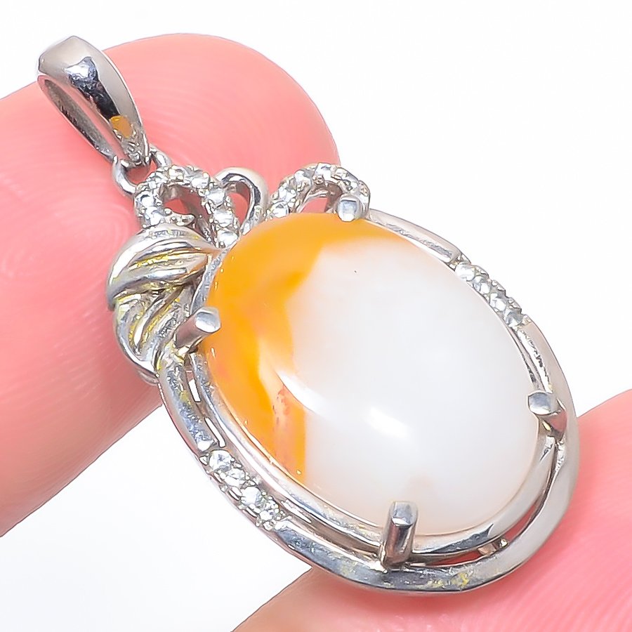 Palm Agate & Cz 925 Sterling Silver Pendant, Handmade Pendant, Oval Pendant, Yellow Pendant, Unique Silver Pendant, Fine Pendant, Silver Jewelry Pendant