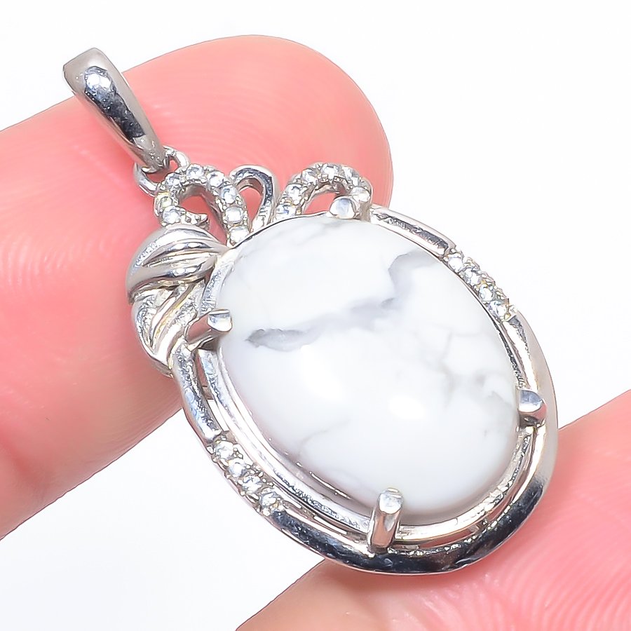 Howlite & Cz 925 Sterling Silver Pendant, Handmade Pendant, Oval Pendant, White Pendant, Unique Silver Pendant, Fine Pendant, Silver Jewelry Pendant