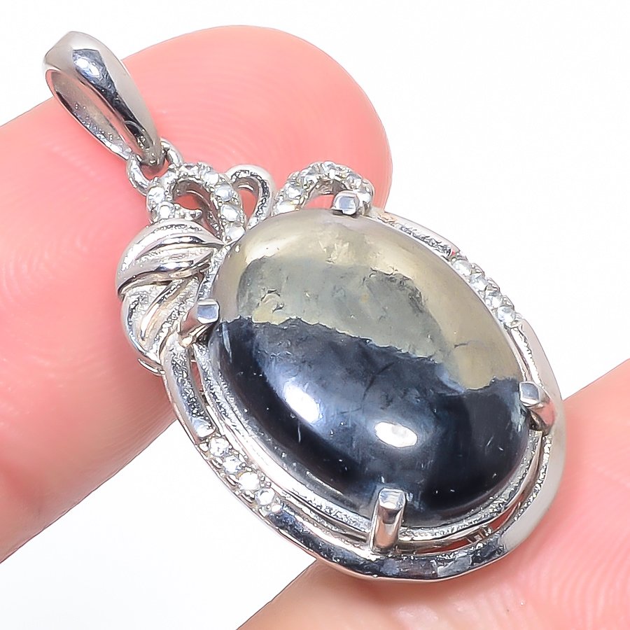 Magnesite Pyrite & Cz 925 Sterling Silver Pendant, Handmade Pendant, Oval Pendant, Gold & Black Pendant, Unique Silver Pendant, Fine Pendant, Silver Jewelry Pendant