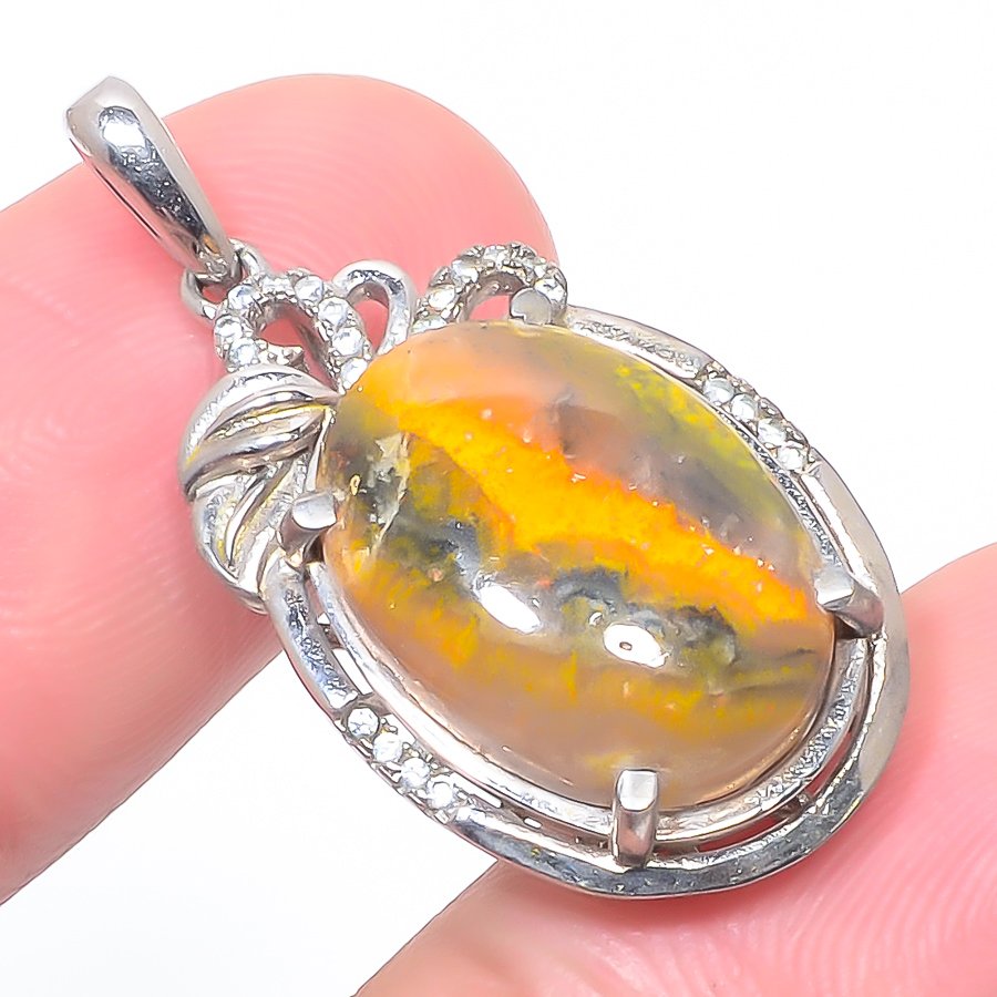 Bumbel Bee Jasper & Cz 925 Sterling Silver Pendant, Handmade Pendant, Oval Pendant, Yellow Pendant, Unique Silver Pendant, Fine Pendant, Silver Jewelry Pendant