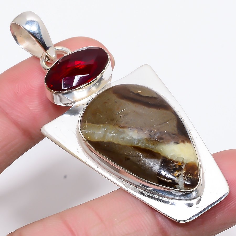 Septarian Stone & Garnet 925 Sterling Silver Pendant, Handmade Pendant, Pear Pendant, Brown Pendant, Unique Silver Pendant, Fine Pendant, Silver Jewelry Pendant