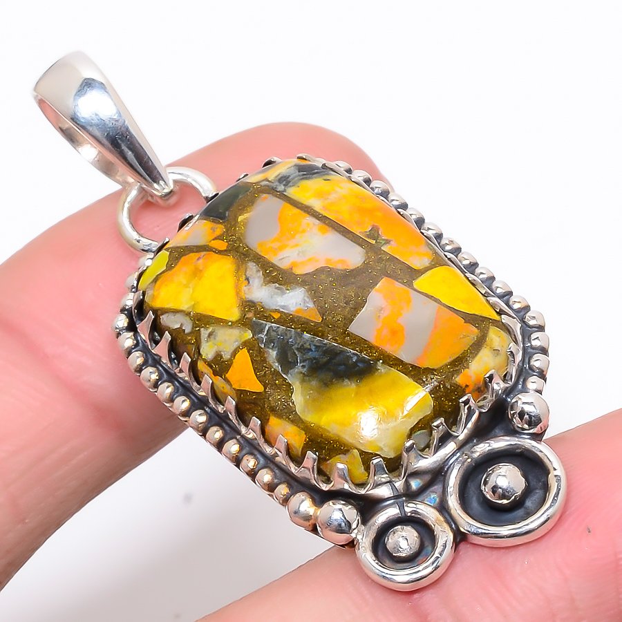 Copper Bumble Bee Jasper 925 Sterling Silver Pendant, Handmade Pendant, Cushion Pendant, Yellow Pendant, Unique Silver Pendant, Fine Pendant, Silver Jewelry Pendant