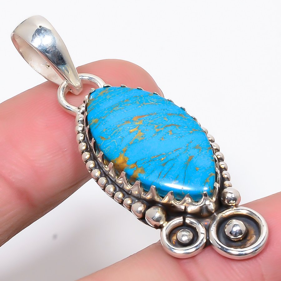 Copper Blue Turquoise 925 Sterling Silver Pendant, Handmade Pendant, Pear Pendant, Blue Pendant, Unique Silver Pendant, Fine Pendant, Silver Jewelry Pendant