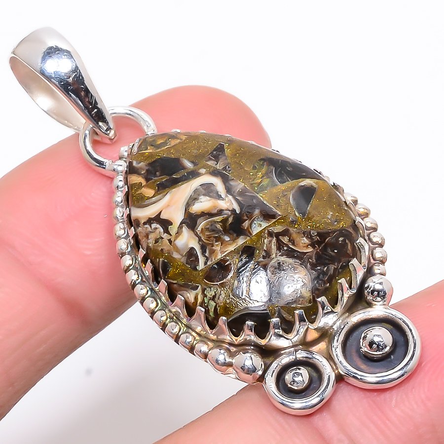 Copper Turritella Fossil 925 Sterling Silver Pendant, Handmade Pendant, Pear Pendant, Brown Pendant, Unique Silver Pendant, Fine Pendant, Silver Jewelry Pendant