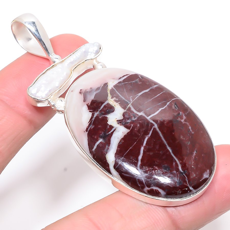 Cappuccino Jasper & Biwa Pearl 925 Sterling Silver Pendant, Handmade Pendant, Oval Pendant, Brown Pendant, Unique Silver Pendant, Fine Pendant, Silver Jewelry Pendant
