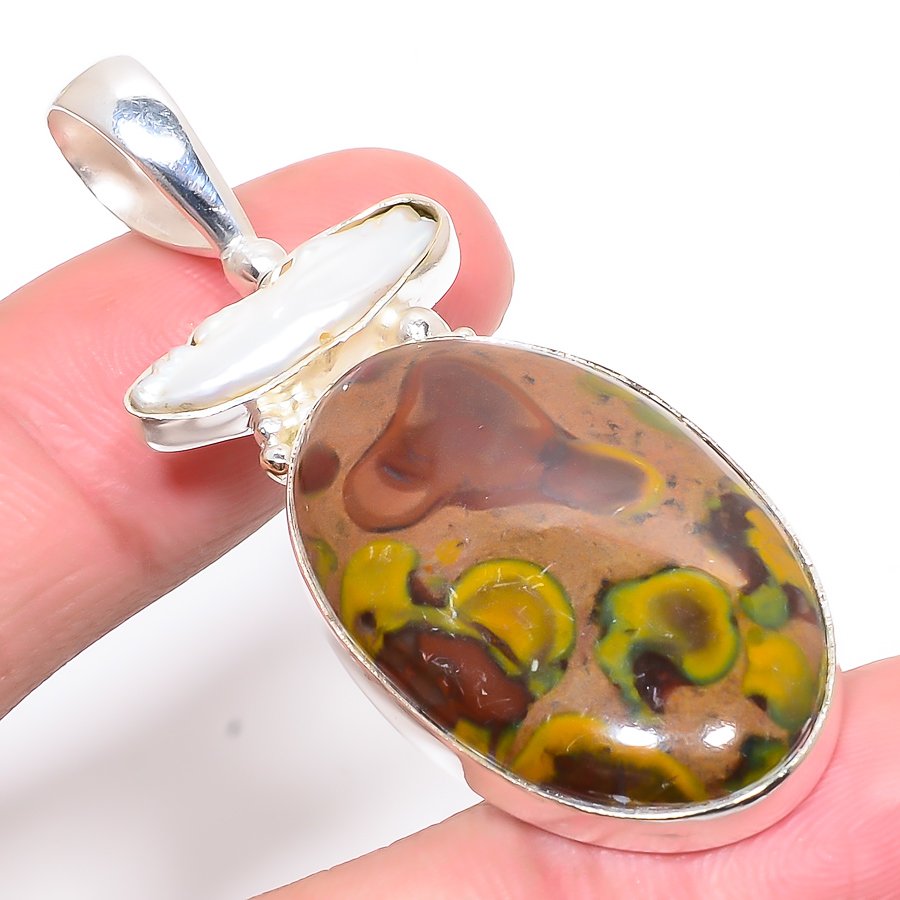 Rhyolite Jasper & Biwa Pearl 925 Sterling Silver Pendant, Handmade Pendant, Oval Pendant, Red Pendant, Unique Silver Pendant, Fine Pendant, Silver Jewelry Pendant