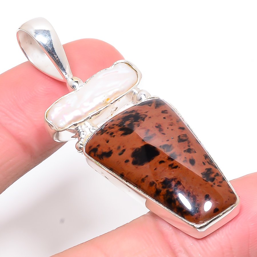 Mahogany Obsidian & Biwa Pearl 925 Sterling Silver Pendant, Handmade Pendant, Teapured Baguette Pendant, Red Pendant, Unique Silver Pendant, Fine Pendant, Silver Jewelry Pendant