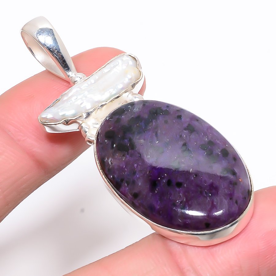 Charoite & Biwa Pearl 925 Sterling Silver Pendant, Handmade Pendant, Oval Pendant, Purple Pendant, Unique Silver Pendant, Fine Pendant, Silver Jewelry Pendant