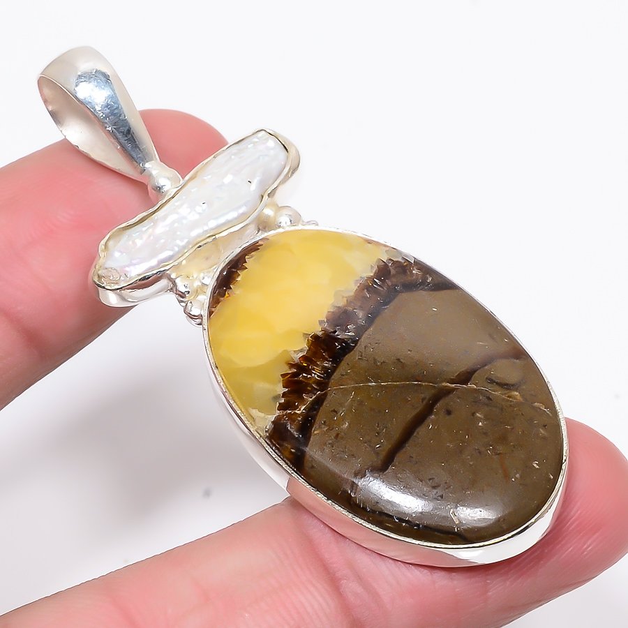 Septarian Stone & Biwa Pearl 925 Sterling Silver Pendant, Handmade Pendant, Oval Pendant, Brown Pendant, Unique Silver Pendant, Fine Pendant, Silver Jewelry Pendant